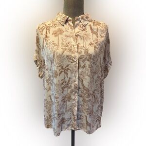 Jane and Delancey Tan and White Jungle Safari Button Down Shirt, Size L